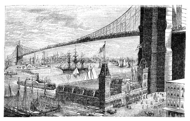 Brooklyn bridge in New York. Illustration originally published in Hesse-Wartegg's "Nord Amerika", swedish edition published in 1880. The image is currently in public domain._Bagels Are a Perfect Fit For Life On the Go：haccola　Japanese fermented foods and cuisine