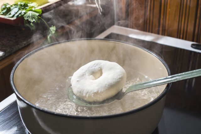 Cooking bagels in vintage saucepan