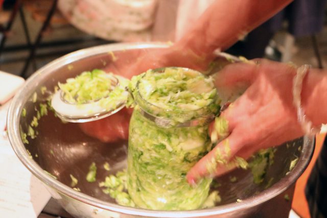 ...squeeze the cabbage deep into the jar to let it soak up the brine…