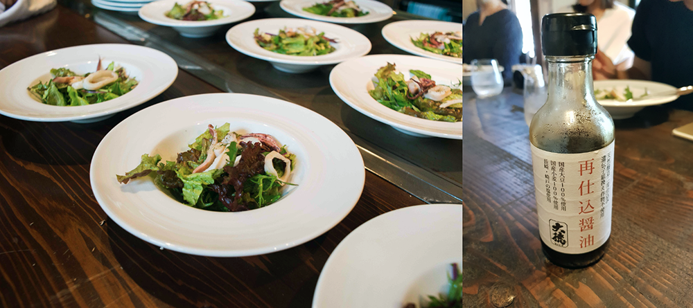 Salad: flying squid from Hamasaka flavoured with freshly squeezed Shoyu. Optionally with Saishikomi-Shoyu from Daitoku Shoyu