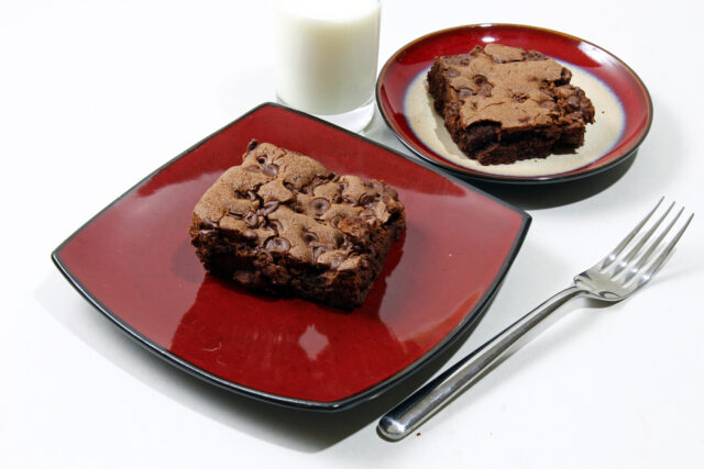 Chocolate chip brownie in a plate with milk and chocolate_Me So Sweet: 4 Unconventional and Delicious Ways to Enjoy Miso as a Dessert：haccola　Japanese fermented foods and cuisine